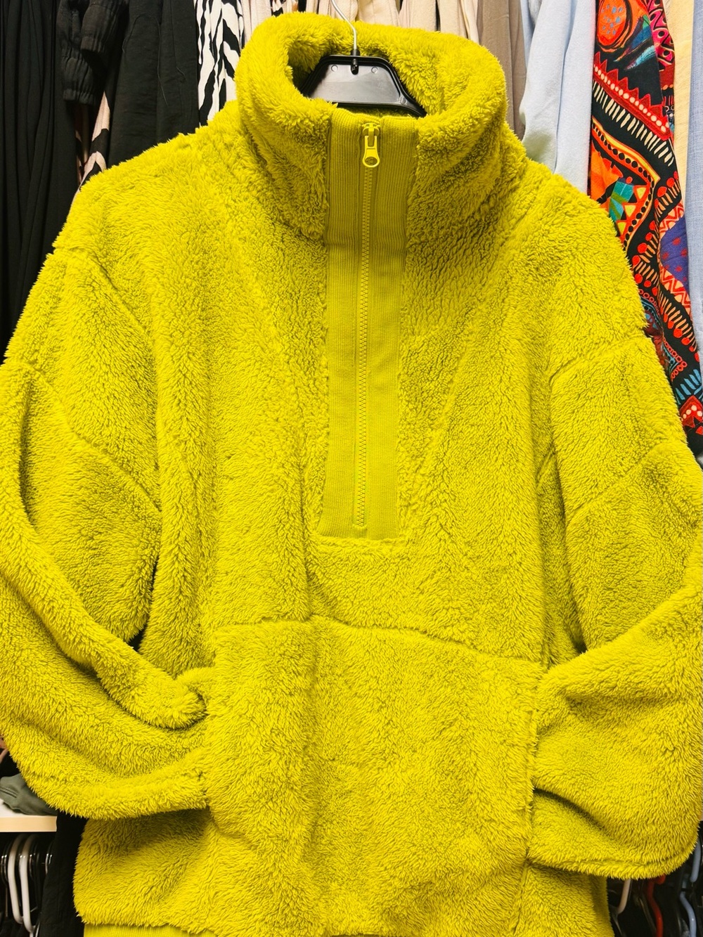 Women Plush Sherpa Pullover Sweater in Chartreuse - Picture 3 of 6
